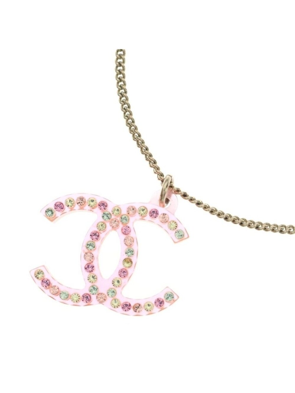 Chanel CC Logo Rhinestone Pendant Chain Pink Gold